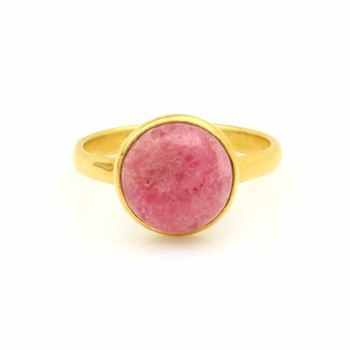 10mm Natural Rhodochrosite Gemstone Bezel 18k Gold Plated Dainty Sterling Silver Ring Beautiful Unisex Women's Jewelry