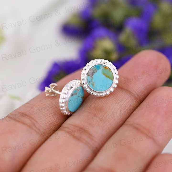 Top Selling 9mm Mohave Arizona Turquoise Gemstone Handmade 925 Silver Rhodium Plated Designer Boho Stud Earrings Navajo Jewelry