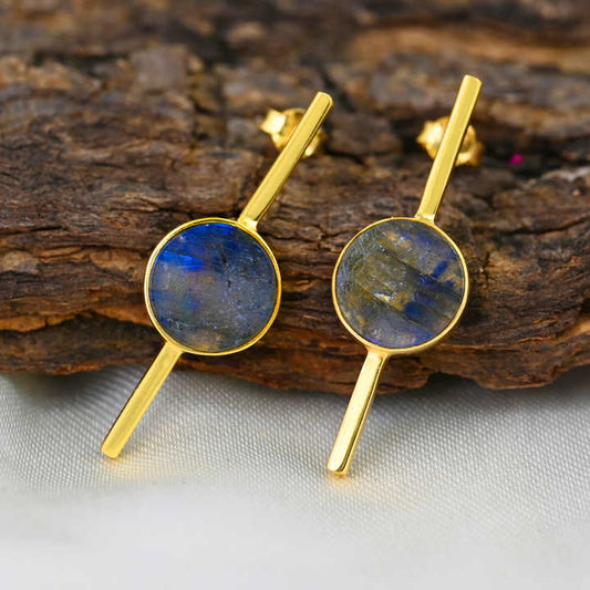 Genuine Solid 925 Sterling Silver Natural Madagascar Labradorite Round Flat 10mm Bezel Setting Fine Stud Earring For Women's