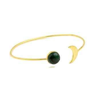 Hot Selling Women's 9mm Malachite Gemstone 18k Gold Plated Solid 925 Sterling Silver Dainty Moon Adjustable Open Cuff Bangle
