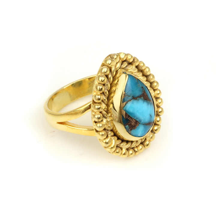18K Gold Plated Genuine Mohave Blue Copper Turquoise 925 Sterling Bezel Setting Bohemian Designer Ring for Women Fine Jewelry