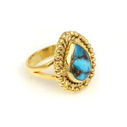 18K Gold Plated Genuine Mohave Blue Copper Turquoise 925 Sterling Bezel Setting Bohemian Designer Ring for Women Fine Jewelry