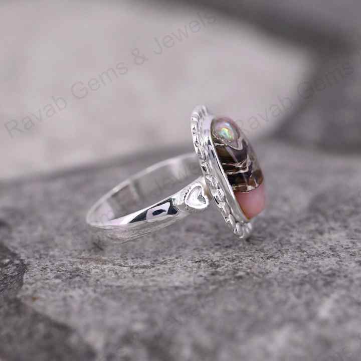 Hot Selling Designer Beaded Cushion Bezel Ring 12x16mm Mohave Pink Copper Opal Solid 925 Sterling Silver Handmade Fine Jewelry