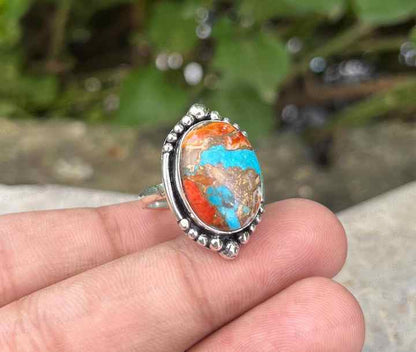 Valentine Sale Natural Multi Color Spiny Oyster Turquoise Oval 10x14mm Solid 925 Sterling Silver Beaded Fine Ring for Womens