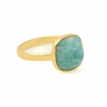12mm Natural Amazonite Stone Cushion Ring 18K Gold Plated Lovely Minimalist Design Women's Pearl Bezel Jewelry-Perfect Gift for