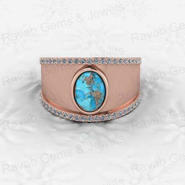 Top Selling Boho Style Women's Fine Ring Handmade 925 Silver Vermeil Natural Pyrite Turquoise Gemstone Cabochon CZ Eternity Oval