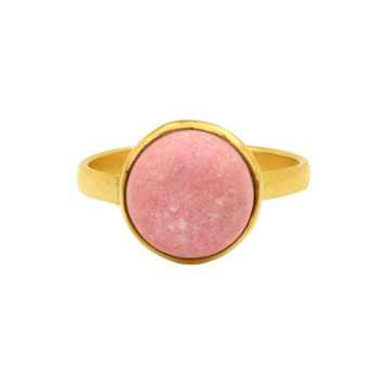 Solid 925 Sterling Silver 18K Gold Plated Handmade Natural Pink Thulite 12mm Round Bezel Setting Ring Unisex Jewelry for Women