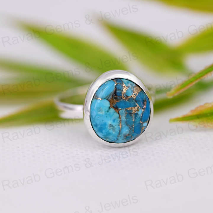 Top Selling 12x13mm Mohave Blue Copper Turquoise High Polished 925 Silver Bezel Organic Shape Dainty Women Ring Navajo Jewelry