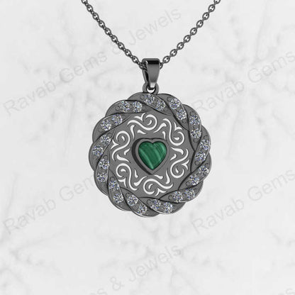 Solid 925 Sterling Silver Natural Malachite Gemstone Heart Shape 5.50mm Filigree Designer Pendant Necklace Handmade Jewelry