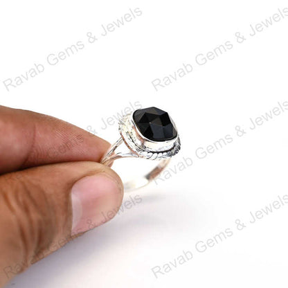 Best Selling Solid 925 Sterling Silver Natural Black Onyx Rose Cut Cushion Shape Bezel Setting Ring for Women Handmade Jewelry