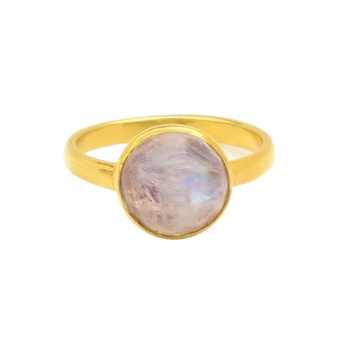 Christmas Sale Solid 925 Sterling Silver 18k Gold Natural Rainbow Moonstone 12mm Bezel Setting Ring for Women Fine Jewelry