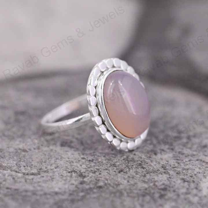 Natural Rose Quartz 10x14mm Oval Cabochon Gemstone Solid 925 Sterling Silver Beaded Bezel Setting Ring Handmade Fine Jewelry