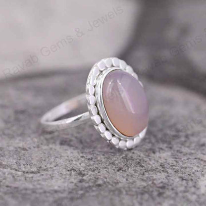 Natural Rose Quartz 10x14mm Oval Cabochon Gemstone Solid 925 Sterling Silver Beaded Bezel Setting Ring Handmade Fine Jewelry