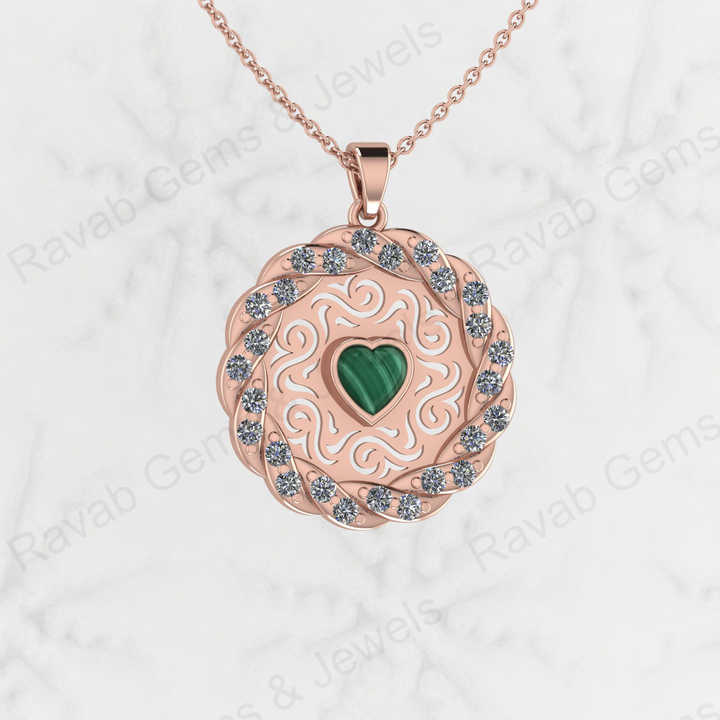 Solid 925 Sterling Silver Natural Malachite Gemstone Heart Shape 5.50mm Filigree Designer Pendant Necklace Handmade Jewelry