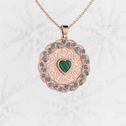 Solid 925 Sterling Silver Natural Malachite Gemstone Heart Shape 5.50mm Filigree Designer Pendant Necklace Handmade Jewelry
