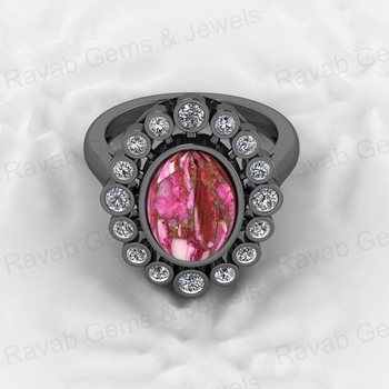 Top Selling 925 Silver 9x12mm Pink Kingman Dahlia Spiny Oyster Oval Shape Gemstone CZ Solitaire Cocktail Ring Unisex