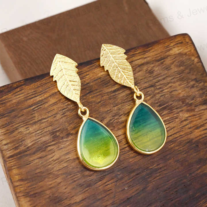 Best Selling Handmade 925 Silver Bio Tourmaline Doublet Quartz Art Deco Leaf Palm Dangle Drop Earring Fine Jewelry For Women