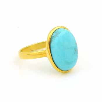 Natural Arizona Turquoise 10x14mm Gemstone Bezel Setting 18k Gold Plated Dainty Oval Ring Women Hot Selling Fine Sterling Silver
