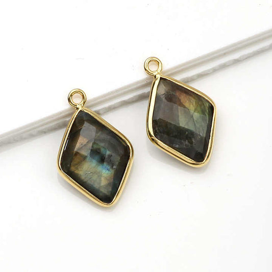 High Quality Genuine 925 Silver Natural Blue Fire Labradorite 12x16mm Rhombus Shape Bezel Charm Fine Jewelry Pendant Necklace
