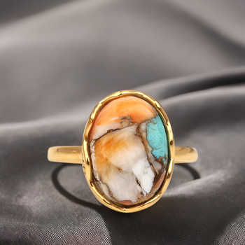 Top Quality 10x14mm Spiny Oyster Copper Turquoise Gemstone Bezel Real Sterling Silver Handmade Boho Designer Oval Ring for Women