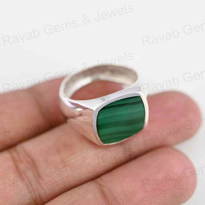 Handmade 925 Silver 14mm Flat Cushion Stone Natural Malachite Turkish Signet Ottoman Bezel Statement Ring Fine Jewelry For Men's