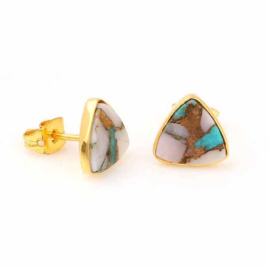 Handmade Copper Turquoise & Natural Pink Opal Trillion Cut Sterling Silver Gemstone Fine Stud Earrings Gold Plated Fine Jewelry