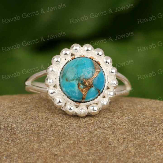 Top Quality Natural Blue Copper Turquoise Round Shape 12mm Solid 925 Sterling Silver Women Handmade Party Wear Ring Jewelry