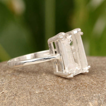 Best Selling Genuine White Clear Crystal Quartz 10x14mm Baguette Shape Solid 925 Sterling Silver Double Prong Set Women Ring