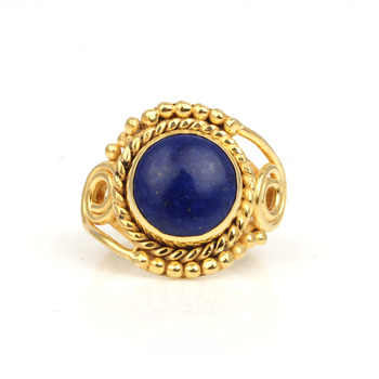Best Selling 18K Gold Plated Handmade Designer Bezel Ring 8mm Natural Lapis Lazuli Gemstone Fine Sterling Silver Jewelry Women
