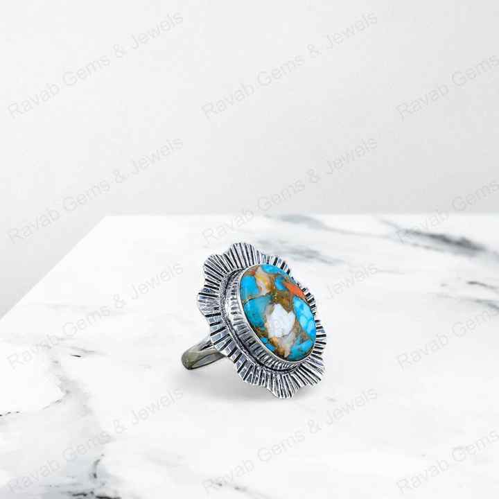 Best Quality Solid 925 Sterling Silver Natural Spiny Oyster Turquoise 10x14mm Oval Bezel Setting Ring for Women Navajo Jewelry