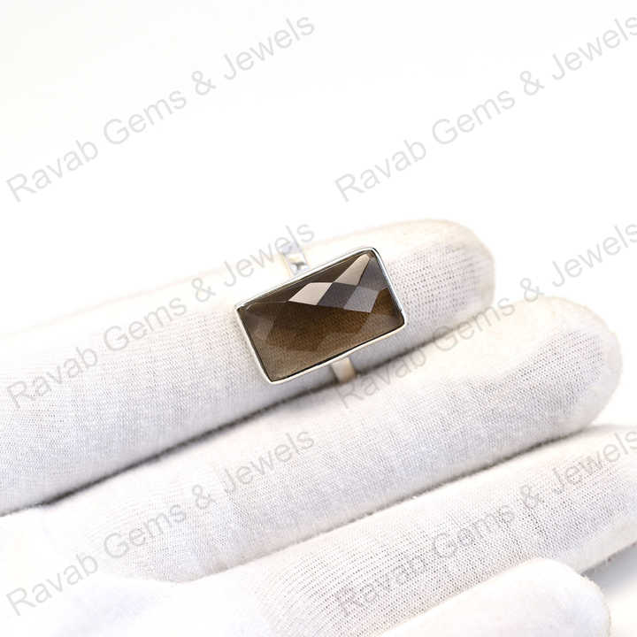 Top Quality Solid 925 Sterling Silver Smoky Quartz Checker Cut Rectangle Shape Bezel Setting Ring for Women Handmade Jewelry