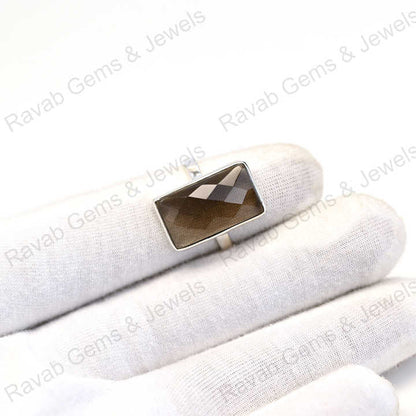 Top Quality Solid 925 Sterling Silver Smoky Quartz Checker Cut Rectangle Shape Bezel Setting Ring for Women Handmade Jewelry