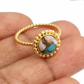 Best Selling 8mm Pink Opal Copper Turquoise Gemstone Bezel 18k Gold Plated Sterling Silver Twist Rope Band Designer Ring for Her
