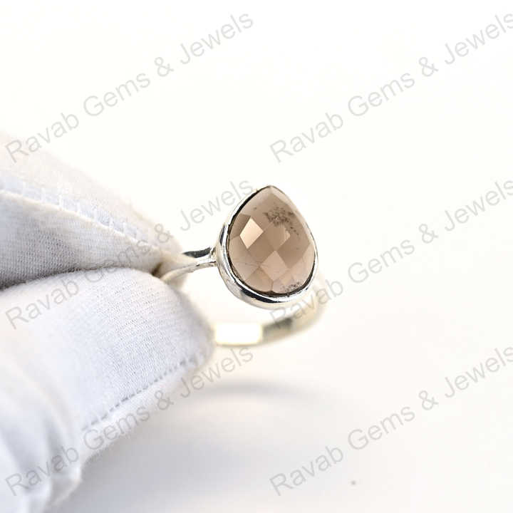 Best Quality Solid 925 Sterling Silver Smoky Quartz Pear Shape Checker Cut Ring for Women Fine Handmade Daily Wear Jewelry
