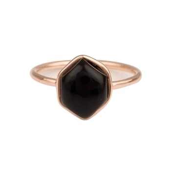 Best Selling Dainty Hexagon Design 12mm Natural Black Onyx Gemstone Ring Rose Gold Plated Sterling Silver Jewelry for Women