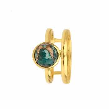 18K Gold Plated 925 Silver Boho Vintage Double Band Ring Beautiful 8mm Natural Chrysocolla Copper Gemstone Her Fine Jewelry
