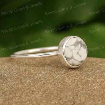 Summer Sale High Quality Handmade 925 Sterling Silver Simple Minimalist Ring for Women 12mm Oval Cabochon Natural Howlite Fine
