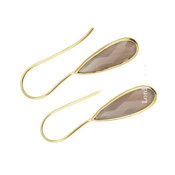 Best Quality Solid 925 Sterling Silver 18K Gold Plated Grey Chalcedony Checker Cut 10x25mm Long Pear Drop Earrings for Women
