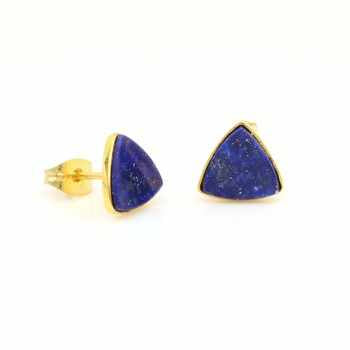 Impressive 18K Gold Plated 925 Sterling Silver Handmade Fine Stud Earrings for Women Natural Lapis Lazuli Gemstone Jewelry