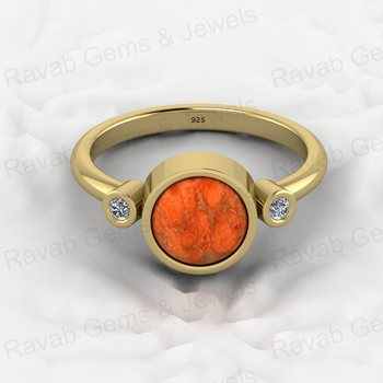 Fine Fashion Unisex Ring High Quality 925 Sterling Silver 8mm Orange Mohave Sponge Coral Band CZ High Quality Solid Sterling