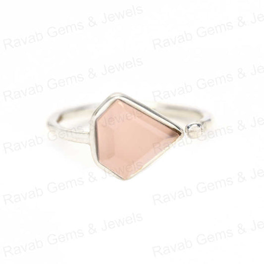 Christmas Sale Natural Pink Rose Quartz Sterling 925 Silver 10x10mm Diamond Cut Faceted Bezel Setting Adjustable Ring for Women
