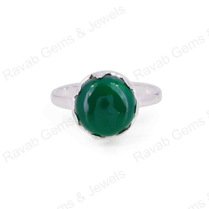 Natural Green Onyx Gemstone 10mm Round Shape Smooth Pre-Noted Setting Solid 925 Sterling Silver Handmade Simple Band Ring