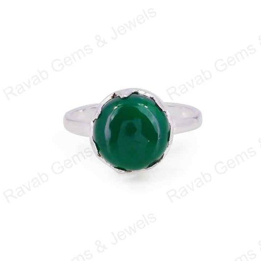 Natural Green Onyx Gemstone 10mm Round Shape Smooth Pre-Noted Setting Solid 925 Sterling Silver Handmade Simple Band Ring