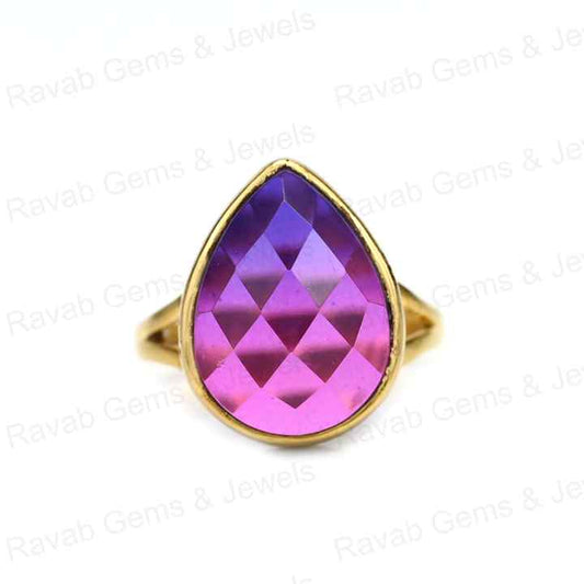 Hot Selling Solid 925 Sterling Silver Bio Color Purple Tourmaline Pear Checker Cut Bezel Setting Ring for Women's Fine Jewelry