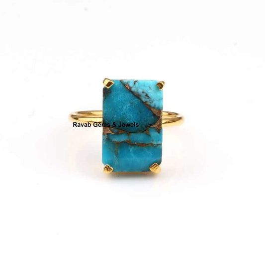 Hot Selling Natural Blue Copper Turquoise Gemstone Jewellery Gold Plated Solid 925 Sterling Silver Prong Setting Ring for Women