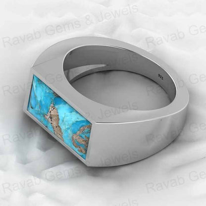 Top Selling Genuine 925 Silver 7x14mm Rectangle Pyrite & Turquoise Gemstone Bezel Sating Signet Ring for Men Wedding Jewelry