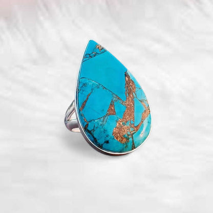 Top Quality Solid 925 Sterling Silver Natural Blue Copper Turquoise Pear 16x22mm Bezel Setting Women Wedding Ring Christmas