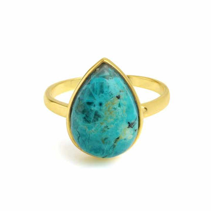 Dainty 10x14mm Natural Chrysocolla Stone Ring 18K Gold Plated 925 Sterling Silver Pear Shape Beautiful Fine Jewelry for Women