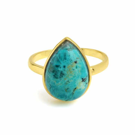 Dainty 10x14mm Natural Chrysocolla Stone Ring 18K Gold Plated 925 Sterling Silver Pear Shape Beautiful Fine Jewelry for Women