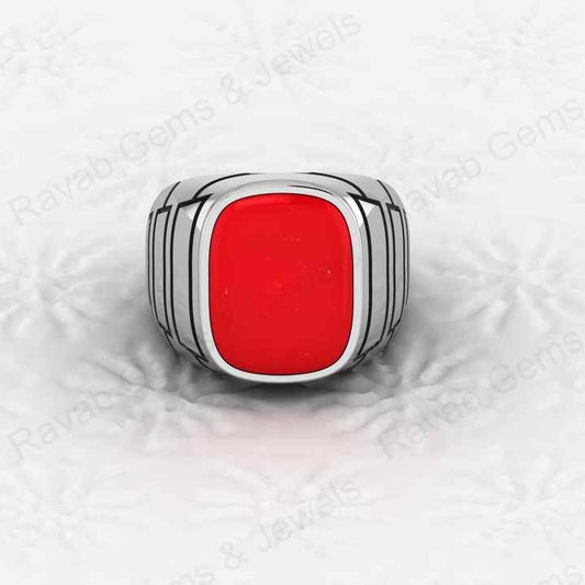 Best Selling Solid 925 Sterling Silver Smooth Red Coral Octa Cushion Shape Signet Ring for Men Customized Handmade Jewelry